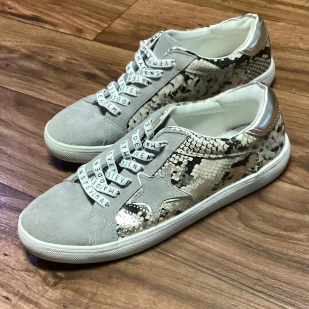 Steve Madden Amalfi Sneakers Grey‎ Suede Snakeskin Star Logo Laces Womens 9